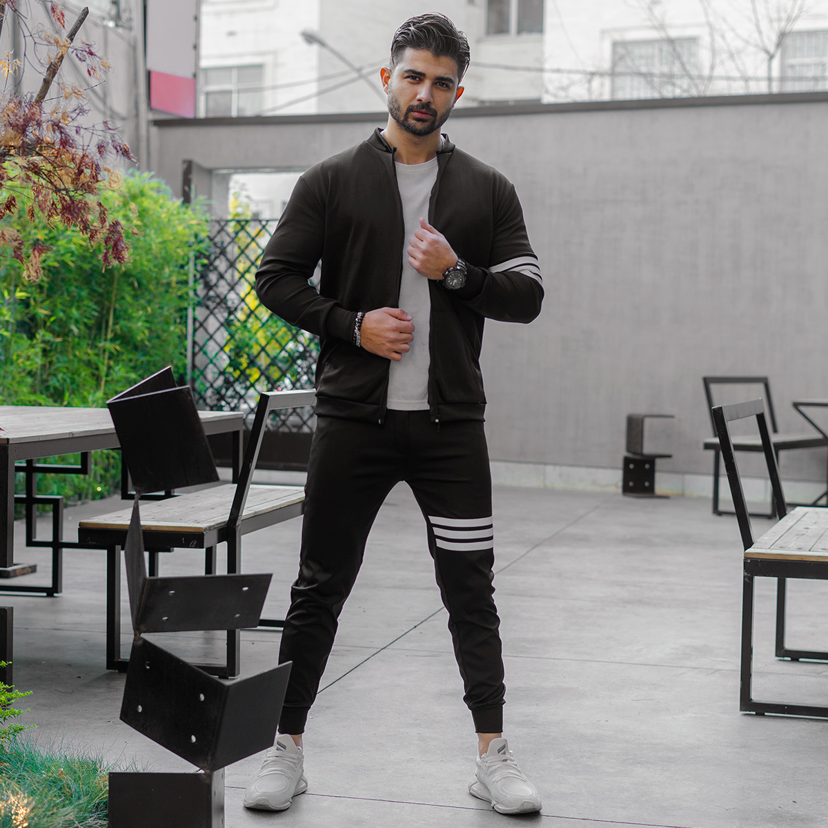 ست سوییشرت شلوار مردانه مشکی خط دار مدلTAKTA