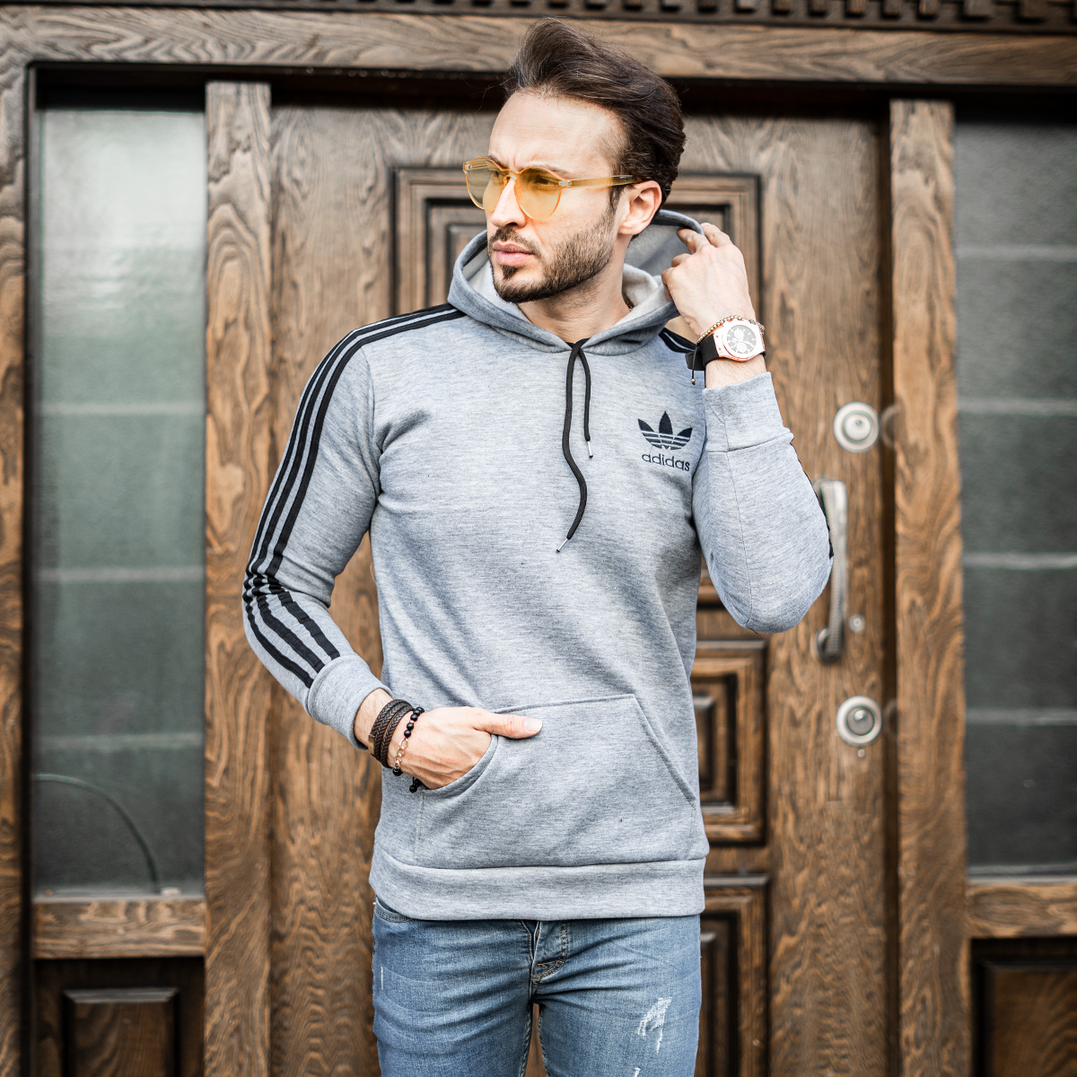 هودی مردانه آدیداس آستین خط دارمدل Tekin