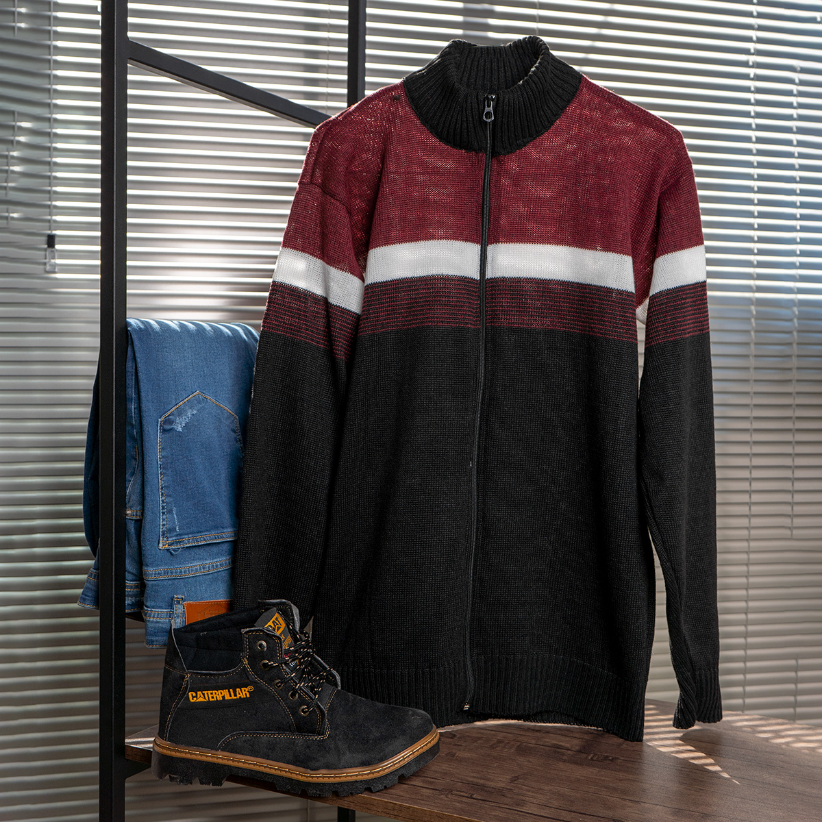 بافت مردانه زیپ دار دورنگ زرشکی مشکی مدل shadima