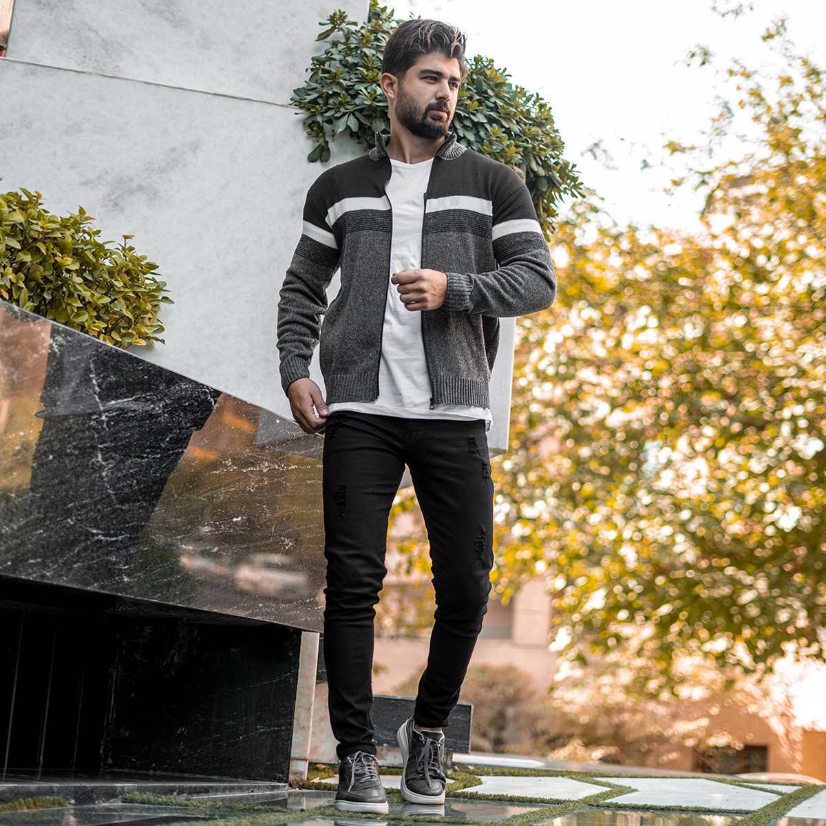 بافت مردانه زیپ دار دورنگ مشکی طوسی مدل shadima