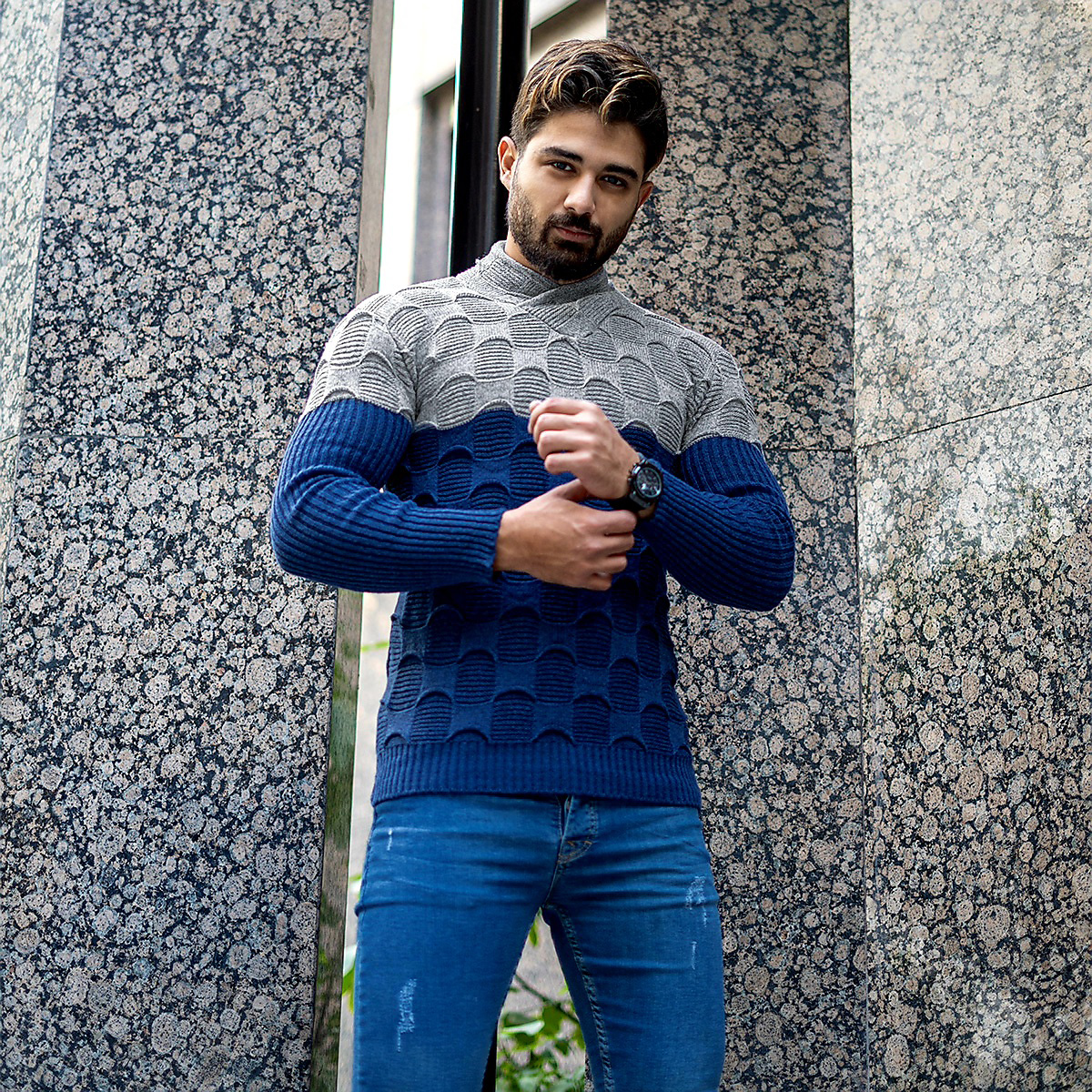 پلیور دورنگ طوسی آبی مردانه مدلArkia