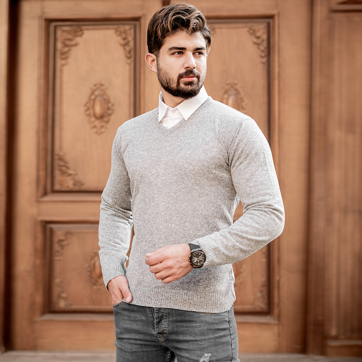 پلیوربافت یقه هفت طوسی مردانه مدلETM