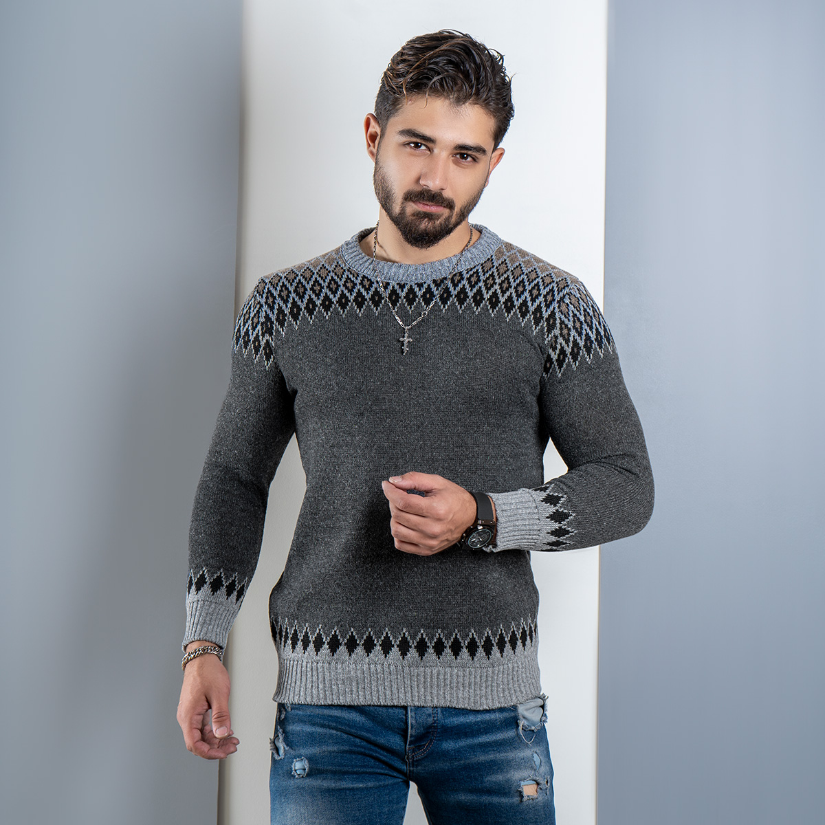 پلیور طوسی کرم(T) مردانه مدل tikal