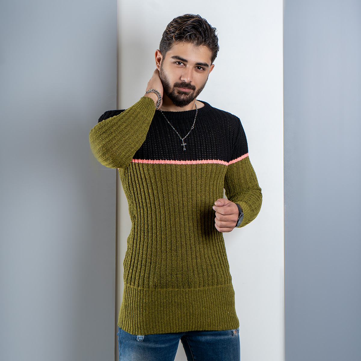 پلیور اندامی (T) خردلی مشکی مردانه مدل Adnan