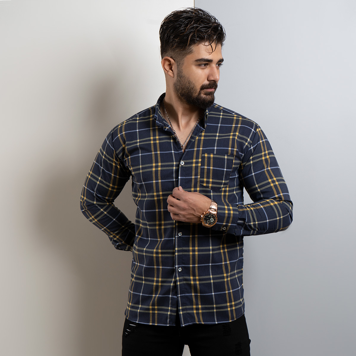 پیراهن راه راه مردانه سرمه ای زرد مدل arshia