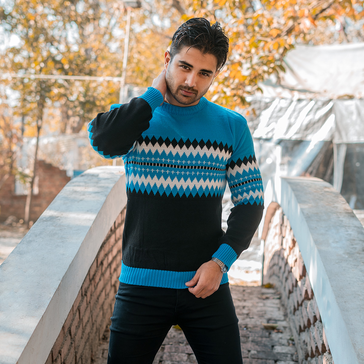 پلیور ژاکارد آبی مشکی مردانه مدلSami