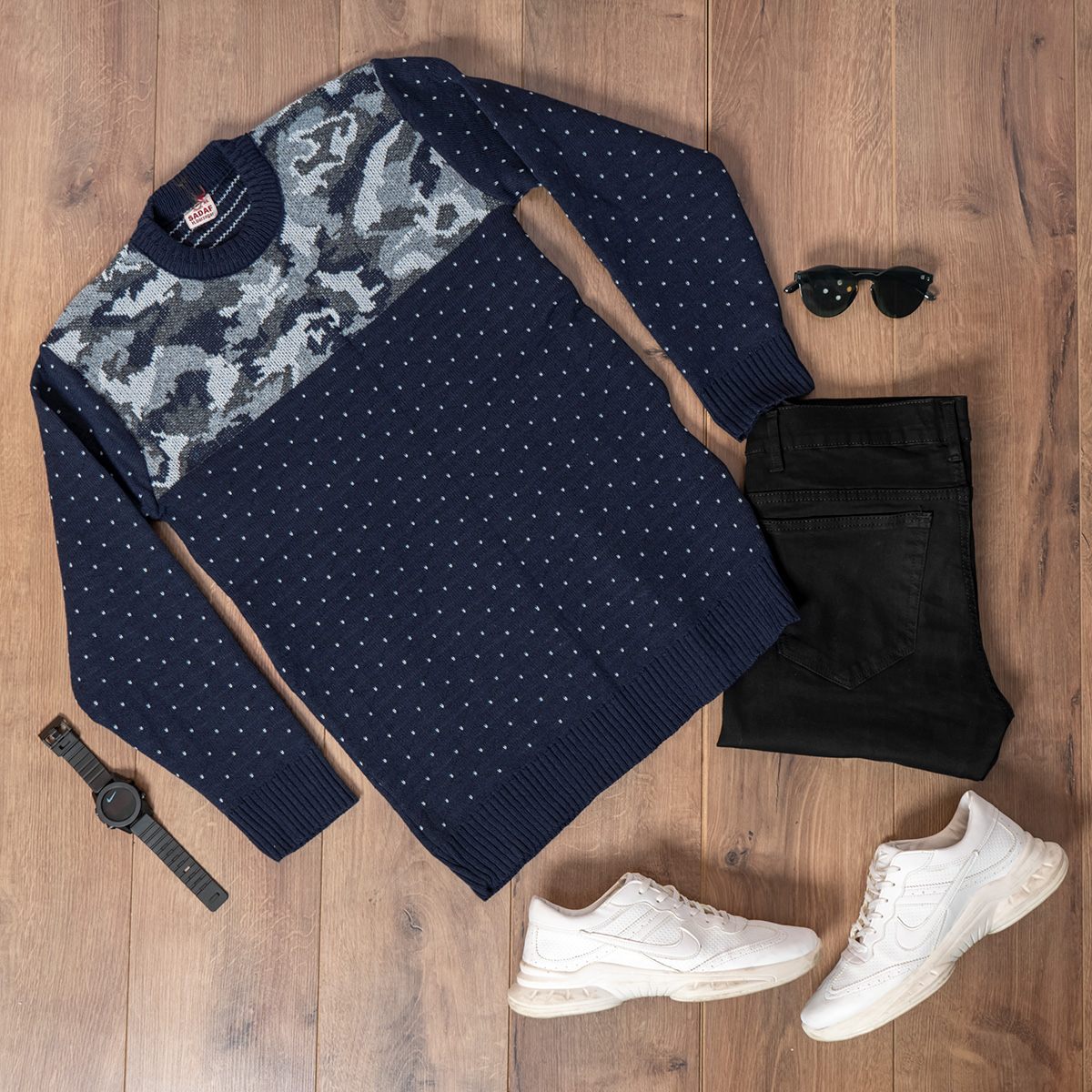 پلیور بافت مردانه سرمه ای طرح چریکی مدلLando