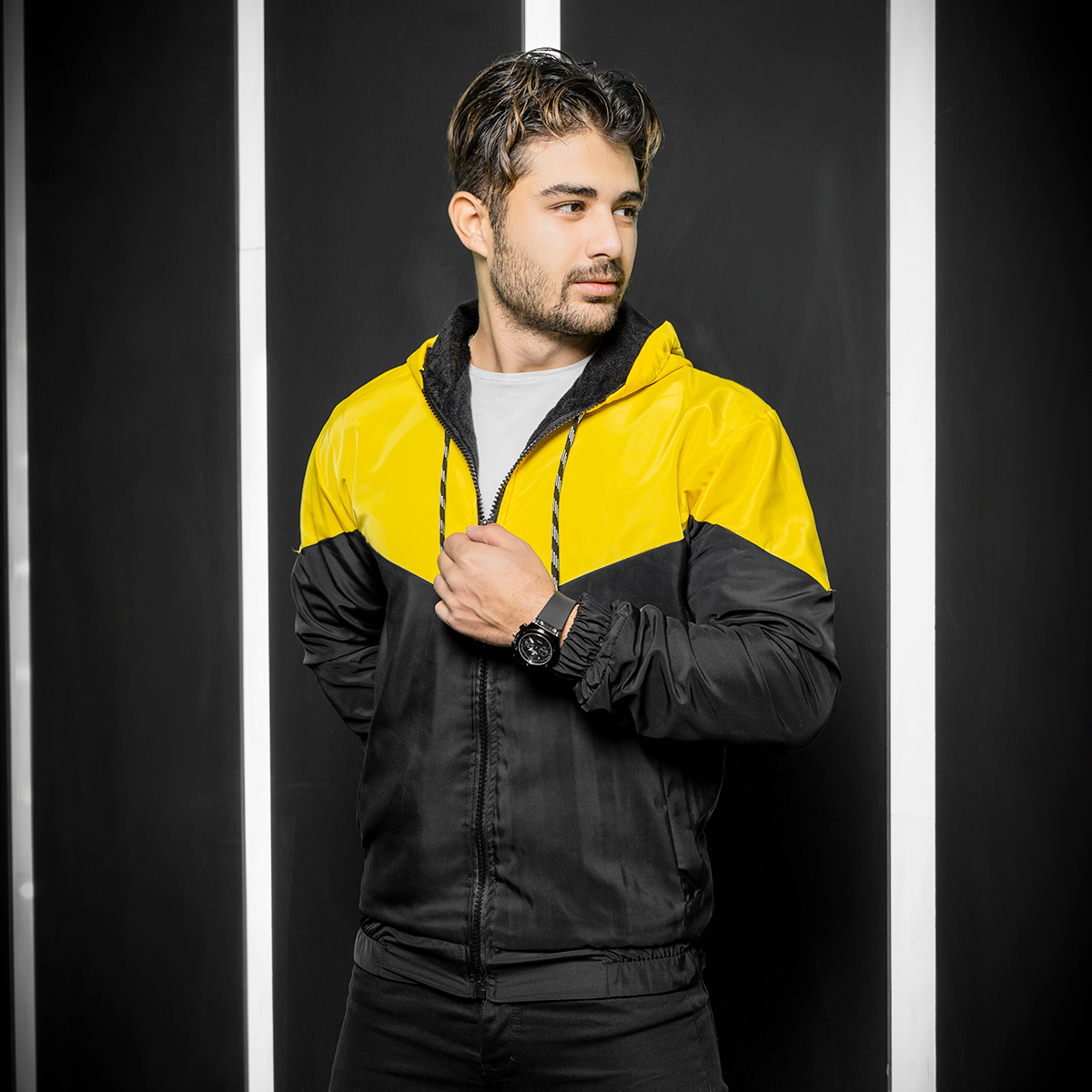 کاپشن مردانه مشکی زرد مدل K64