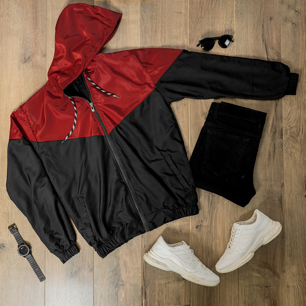 کاپشن مردانه مشکی زرشکی مدل K64