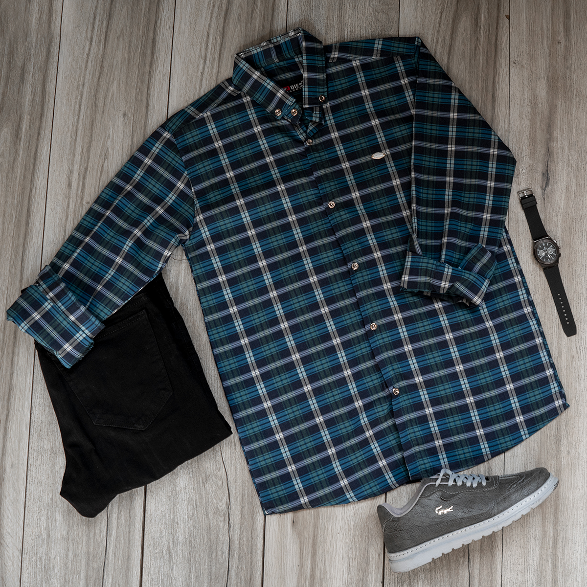 پیراهن چهارخونه سبز سرمه ای مردانه مدل Nadin