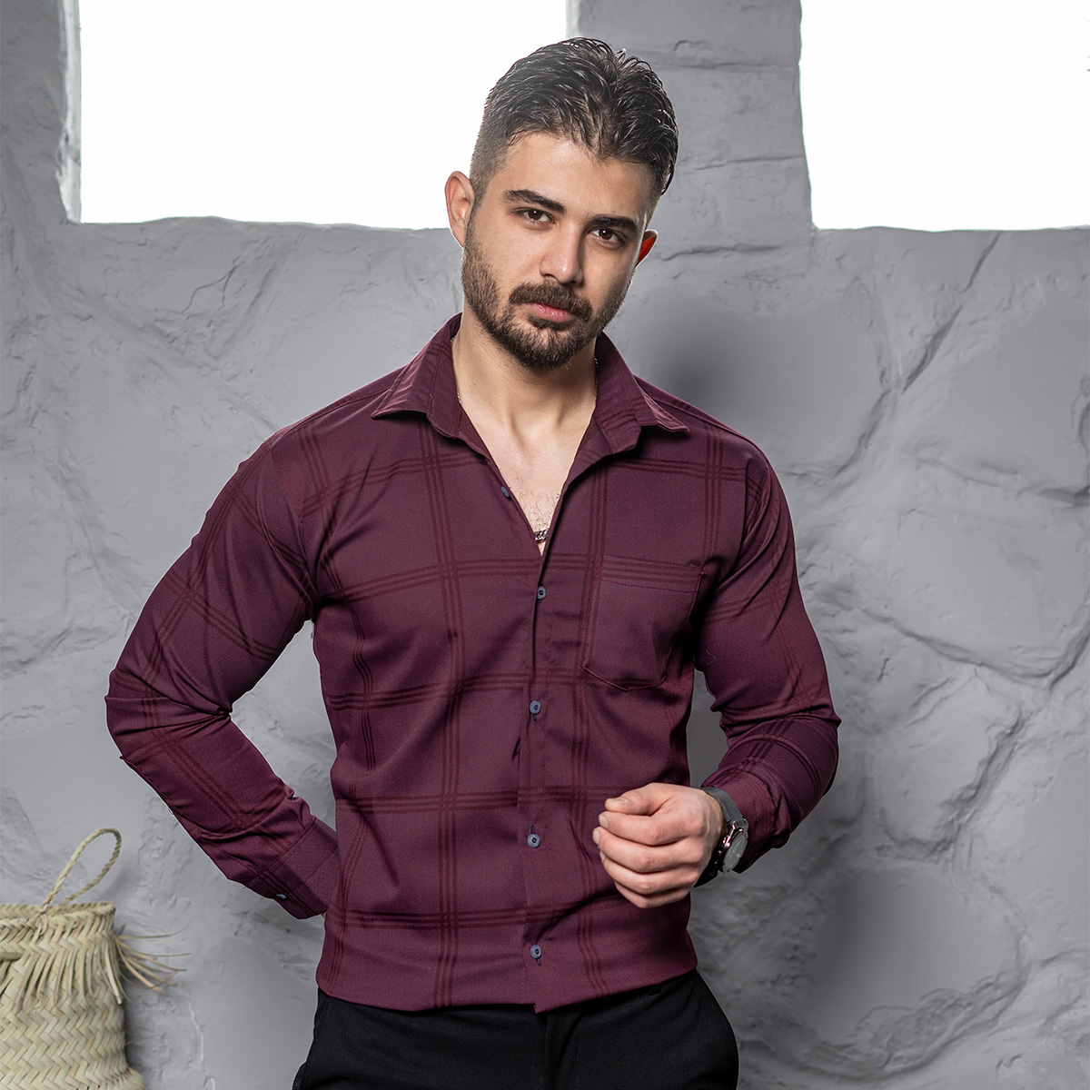 پیراهن مردانه چهارخونه زرشکی مدل Ravin