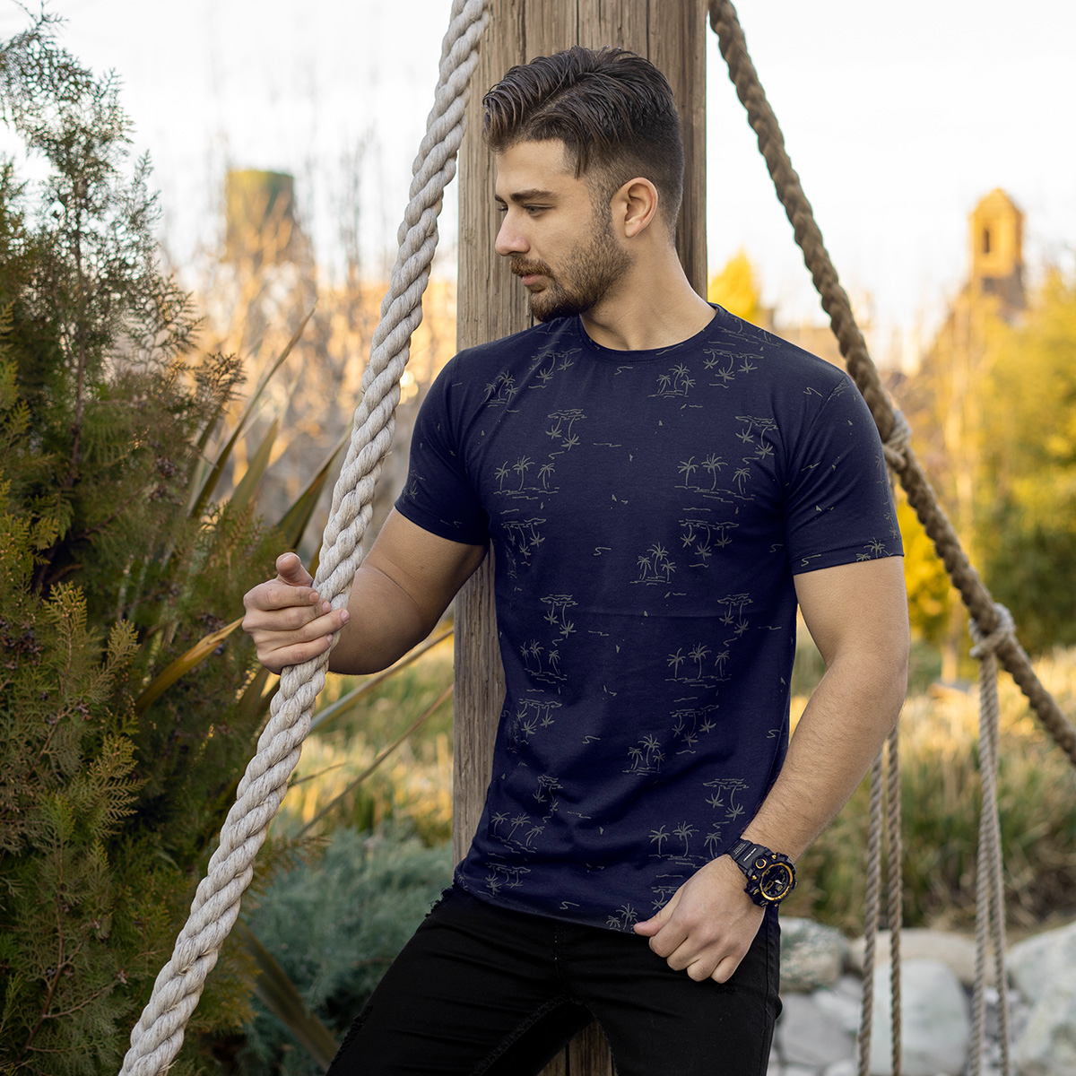 تیشرت هاوایی سرمه ای مردانه مدل E99