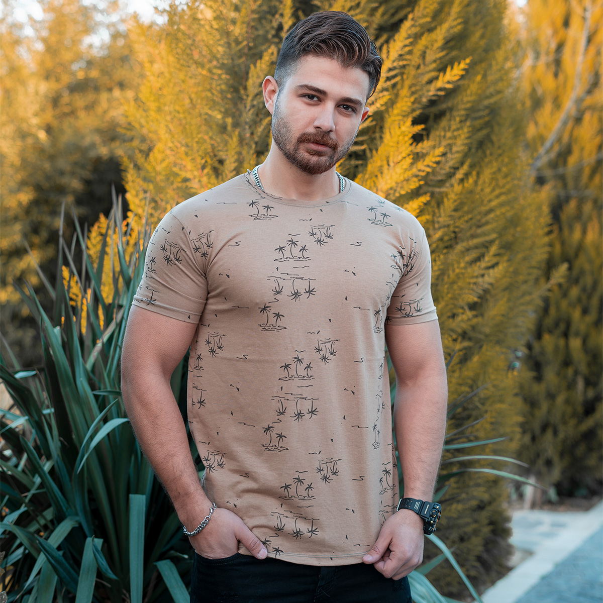 تیشرت هاوایی کرم مردانه مدل E99