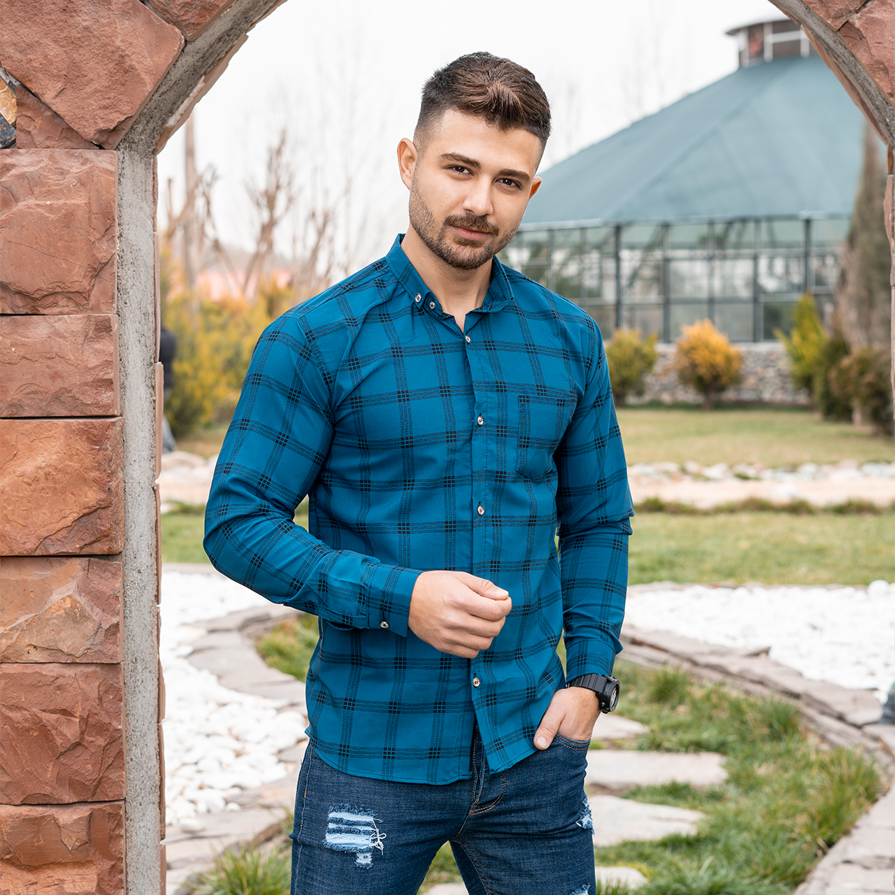 پیراهن مردانه چهارخونه آبی مدل Ravin