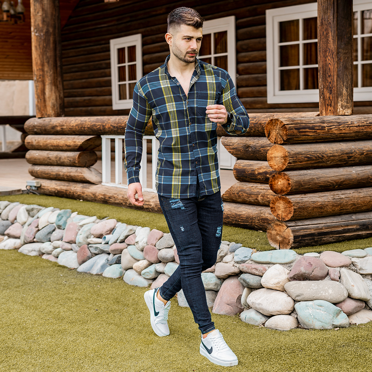 پیراهن راه راه مردانه زرد آبی مدلwigo