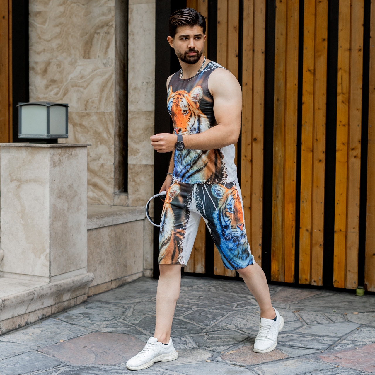 ست رکابی شلوارک طرح ببرنارنجی مردانه مدل A31