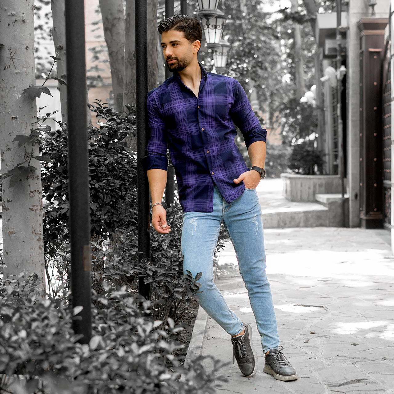 پیراهن مردانه(T) چهار خونه بنفش مدلzava