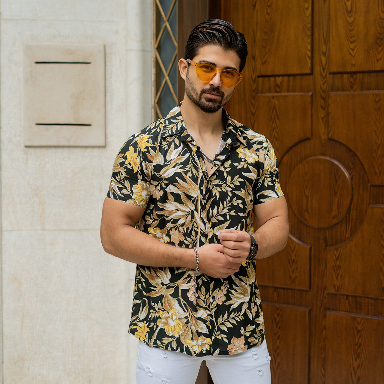پیراهن هاوایی مردانه گل زرد مدل p7