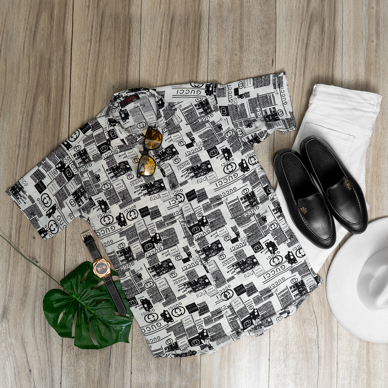 پیراهن هاوایی طرح نوشته سفید مردانه مدل Gucci