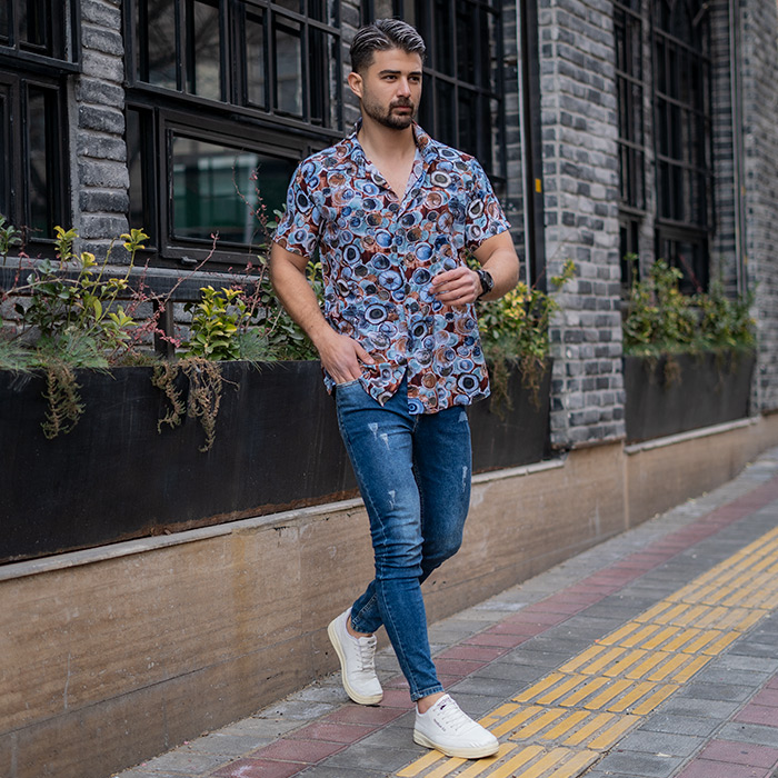 پیراهن هاوایی آبرنگی دایره ای مردانه مدل T22