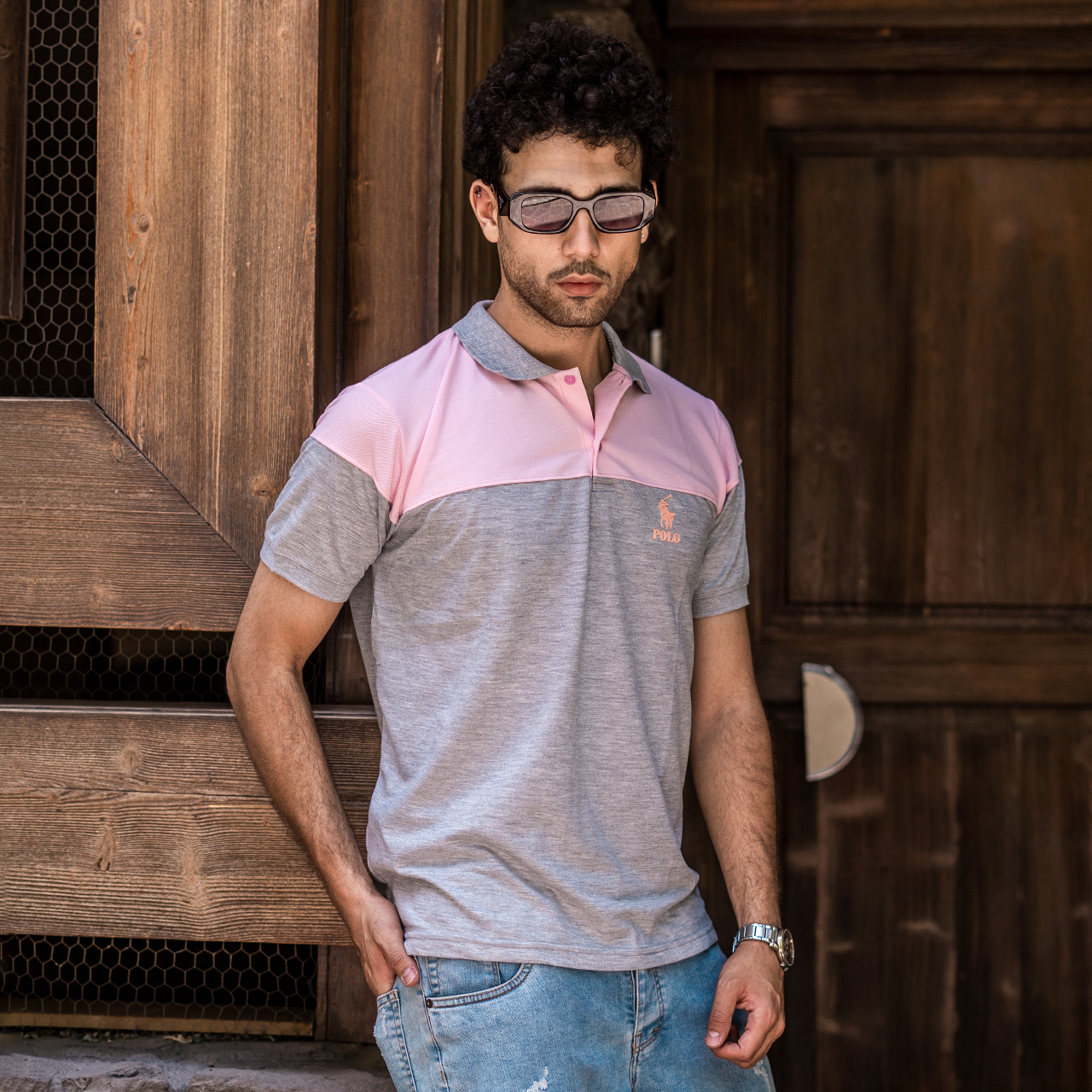 تیشرت مردانه POLO طوسی- صورتی مردانه Mazyar