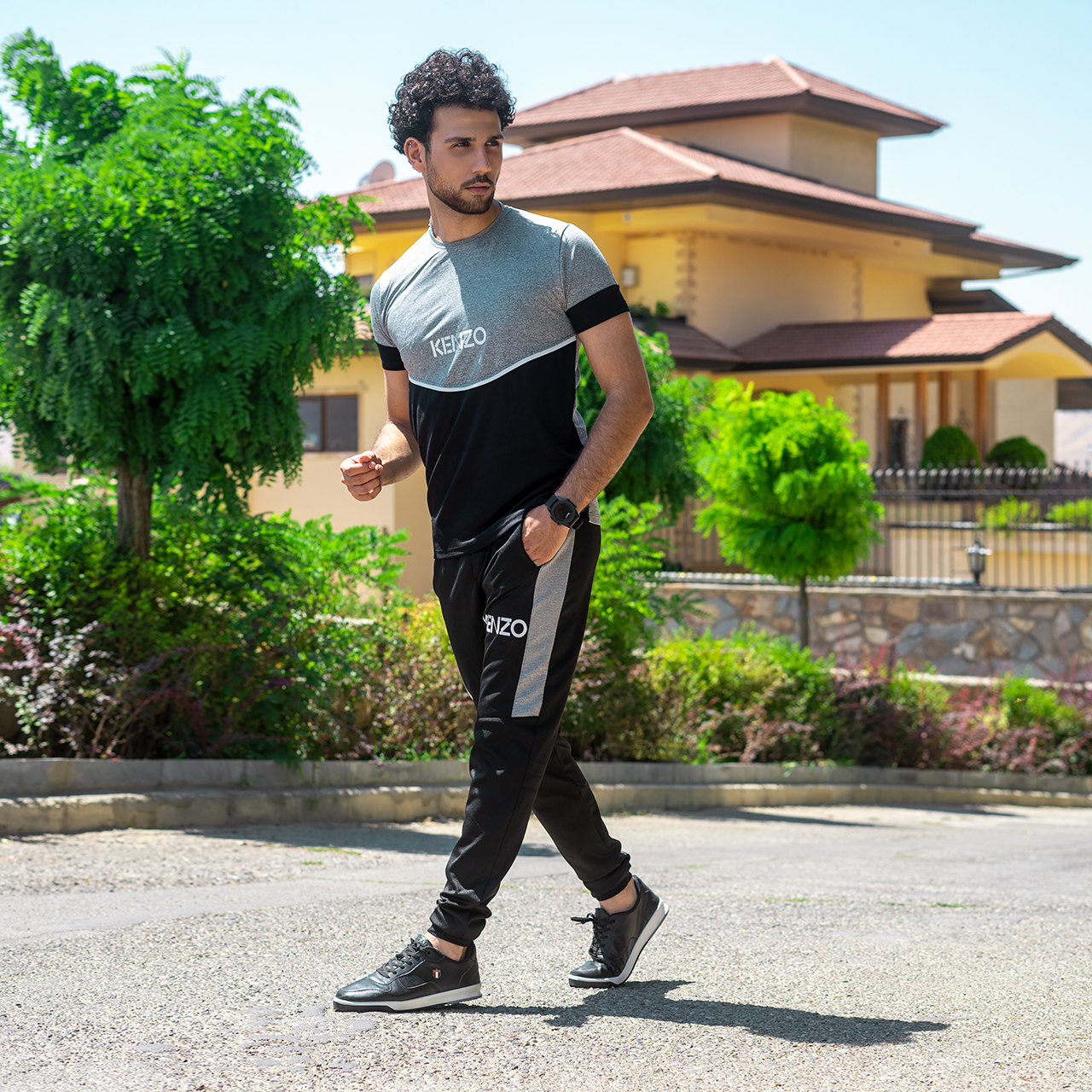 ست تیشرت شلوار مردانه طوسی مشکی مدل kenzo