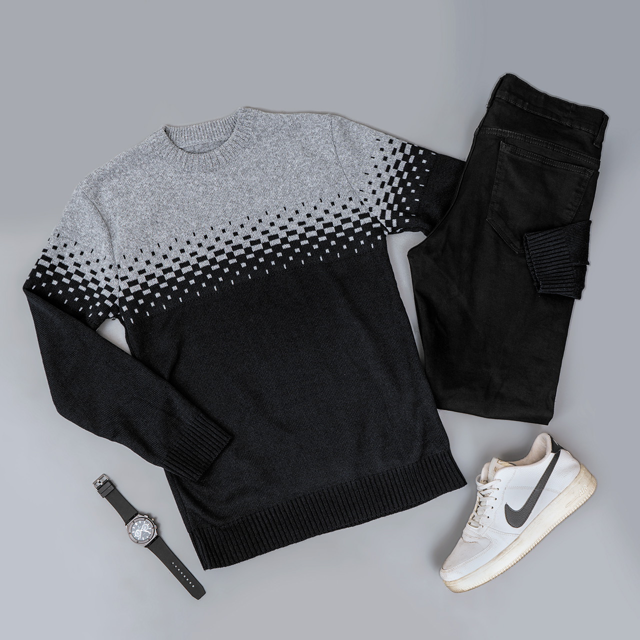 پلیور مردانه دو رنگ مشکی طوسی مدلShatel