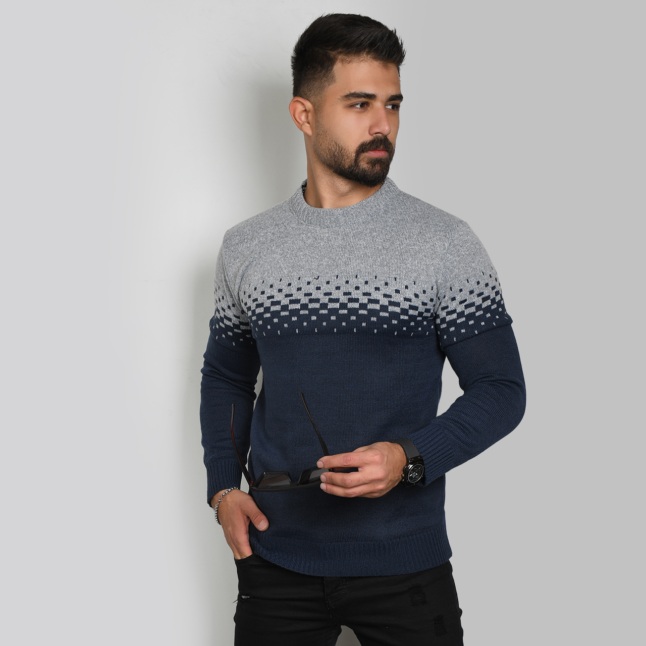 پلیور مردانه دو رنگ سرمه ای طوسی مدلShatel