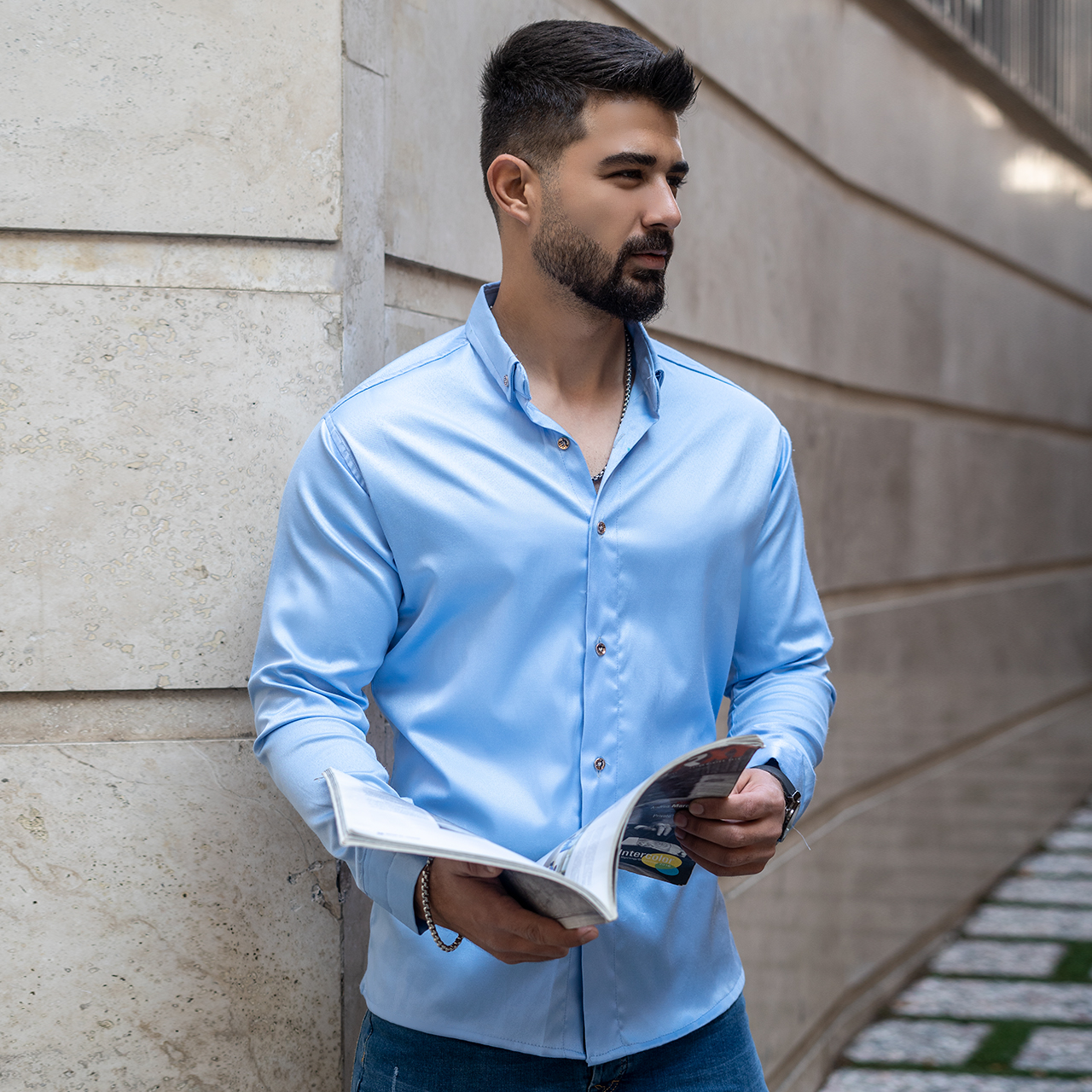 پیراهن ساتن آبی مردانه مدل Rabo
