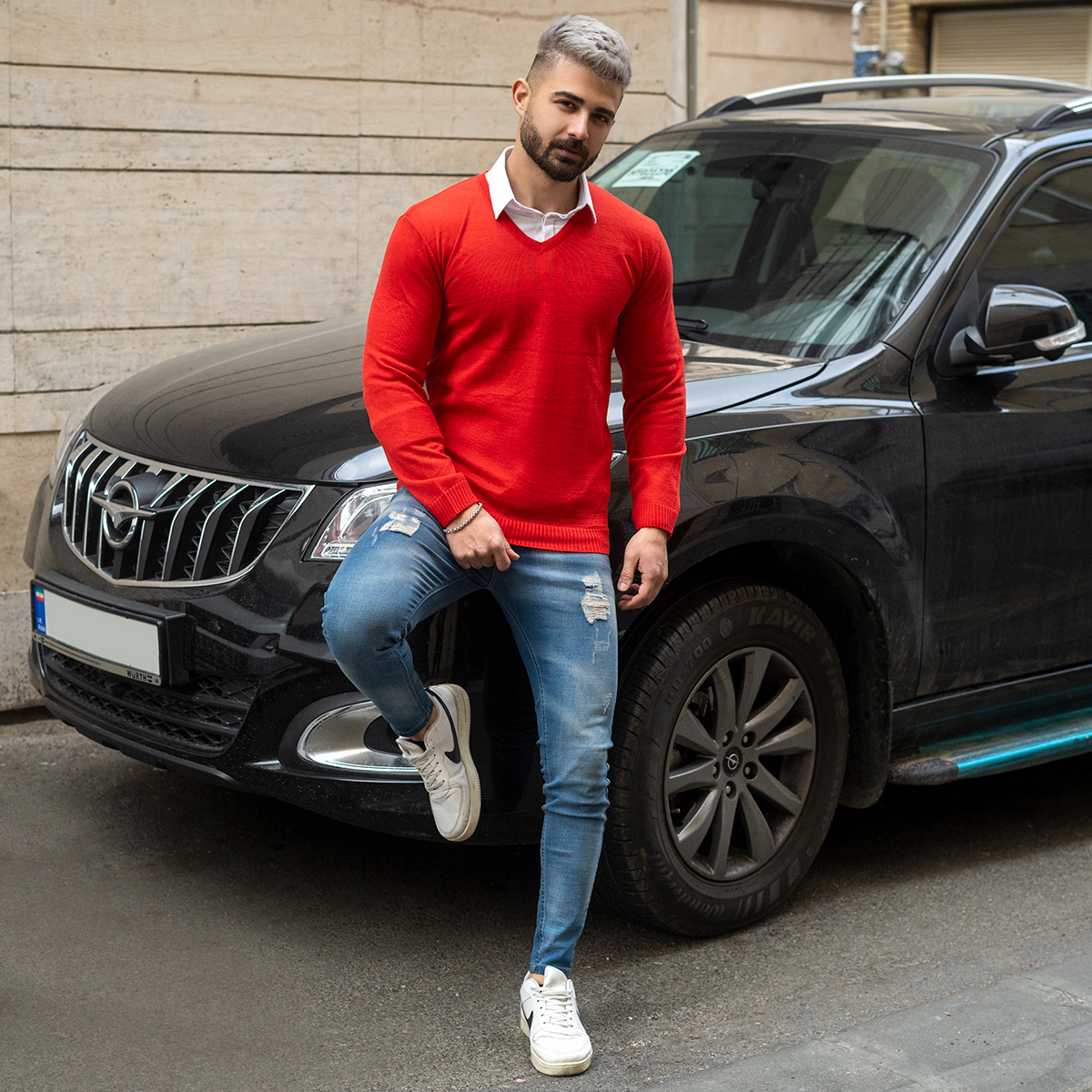 پلیوربافت یقه هفت قرمز مردانه مدل sorosh