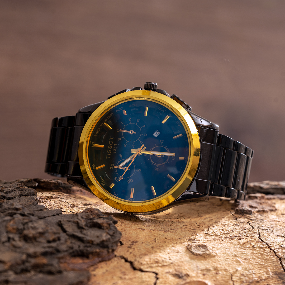 ساعت مچی مردانه مشکی طلایی صفحه آبی مدل Tissot