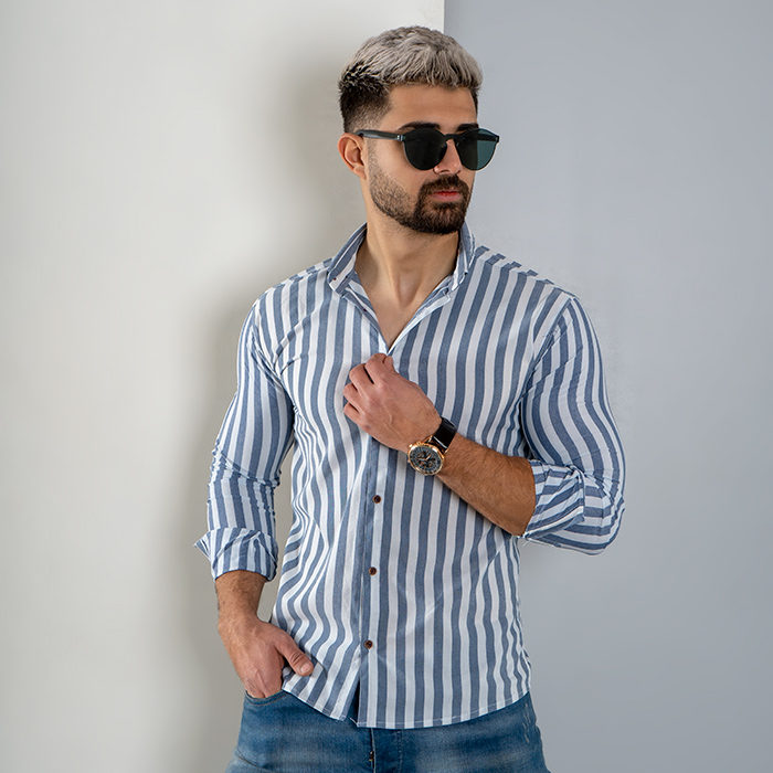 پیراهن راه راه سفید سرمه ای مردانه مدل HAMED