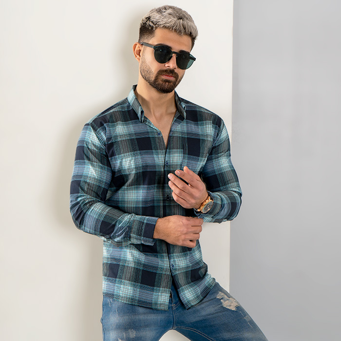 پیراهن مردانه چهارخونه سبز سرمه ای مدل Hesam