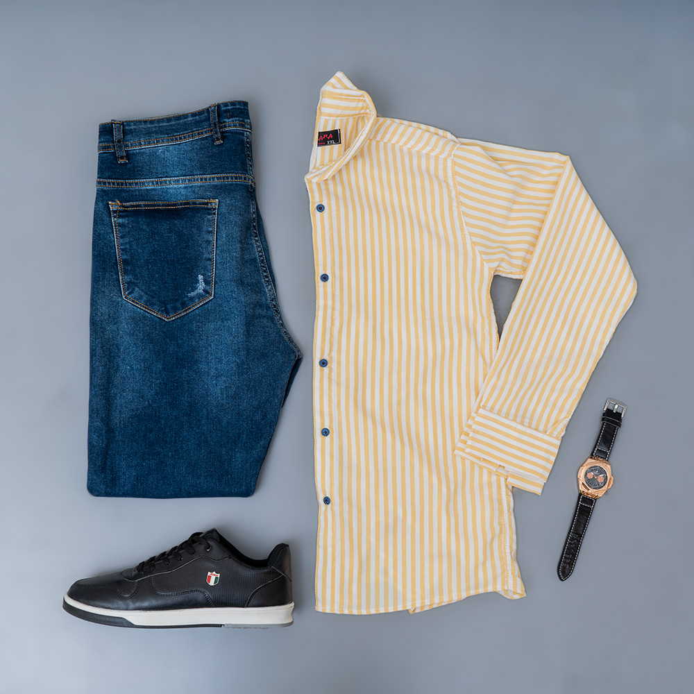 پیراهن راه راه سفید زرد مردانه مدل HAMED