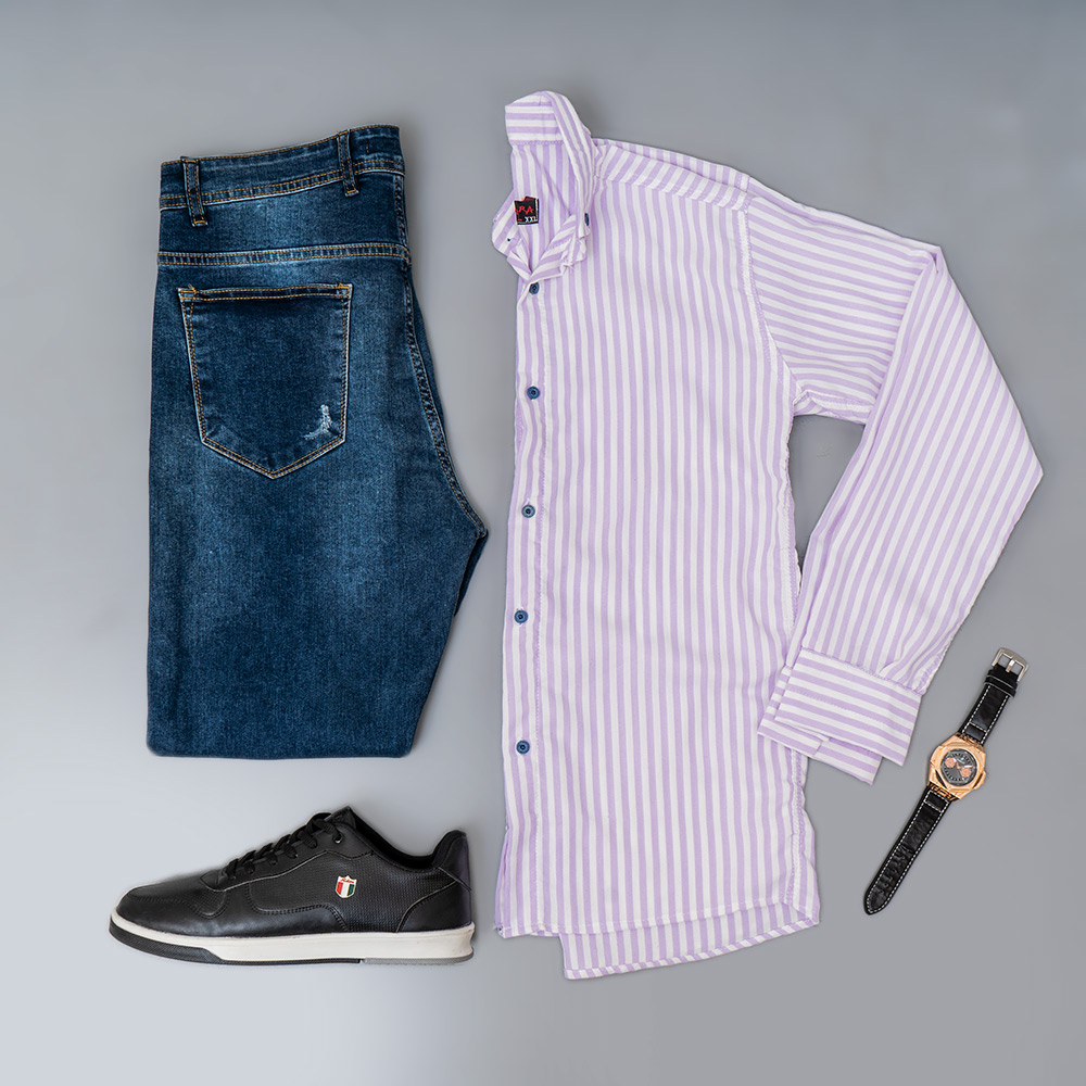 پیراهن راه راه سفید یاسی مردانه مدل HAMED