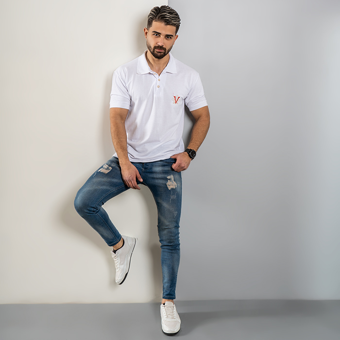 تیشرت V سفید مردانه مدل Sadra