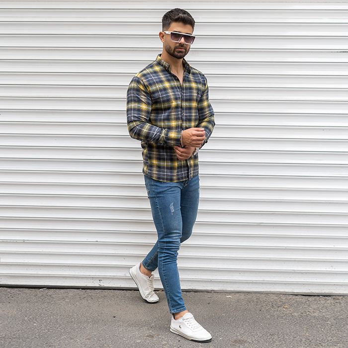 پیراهن مردانه زرد سرمه ای مدل Farzad