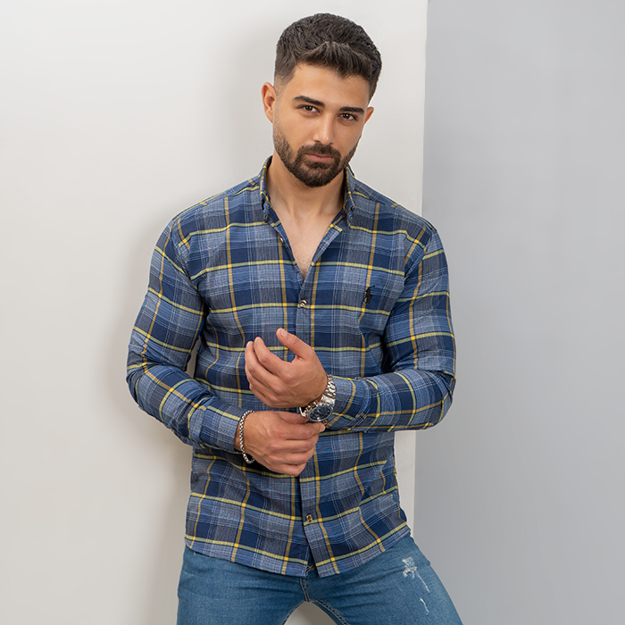 پیراهن مردانه سرمه ای زرد مدل Farzad