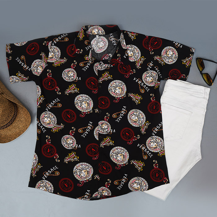 پیراهن هاوایی مردانه مشکی قرمز مدل Florence