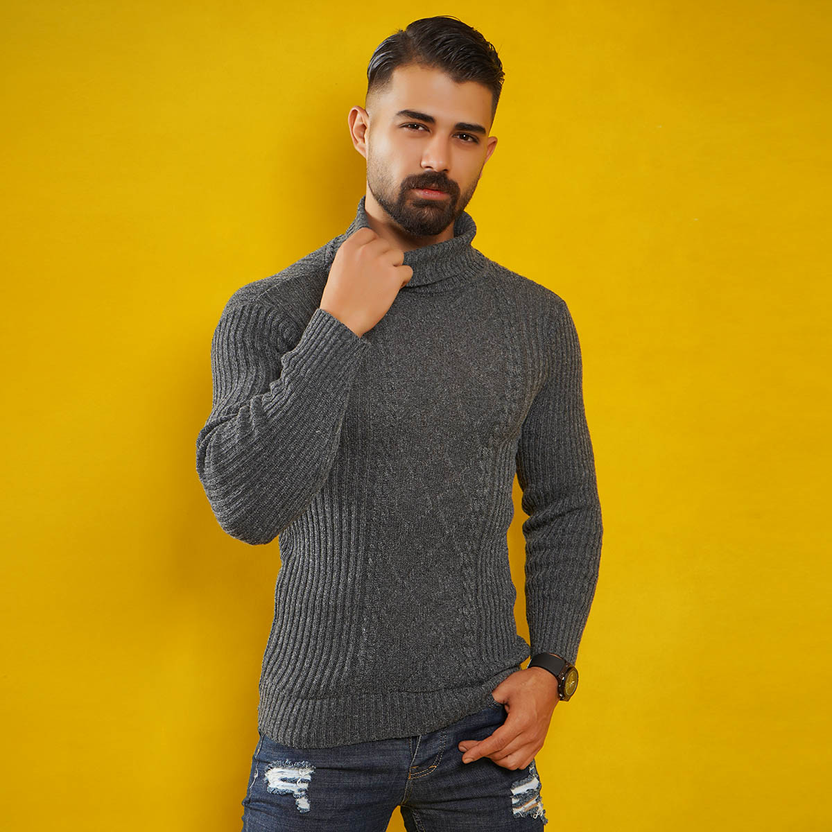 پلیوربافت مردانه ذغالی یقه اسکی مدل Hakan