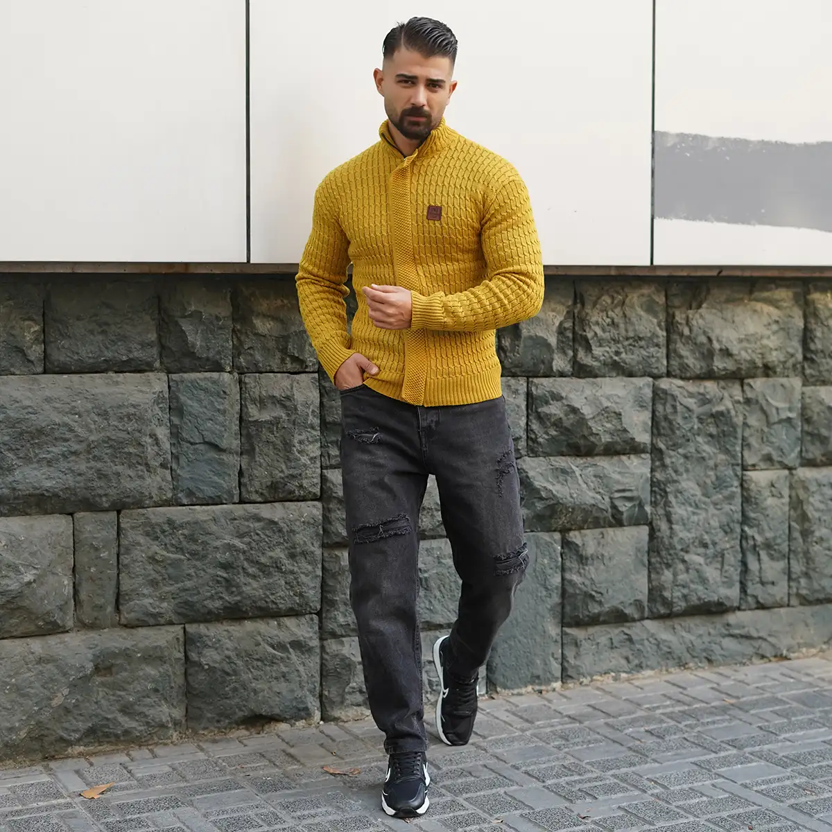 سوئیشرت بافت خردلی مردانه مدل OKSEN