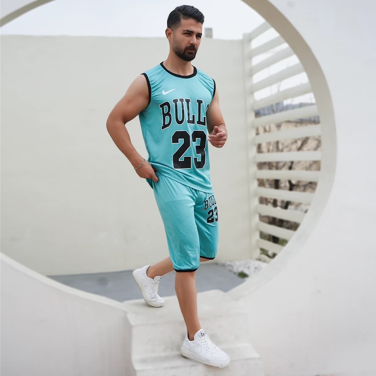 ست رکابی شلوارک سبز مردانه مدل bulls 23