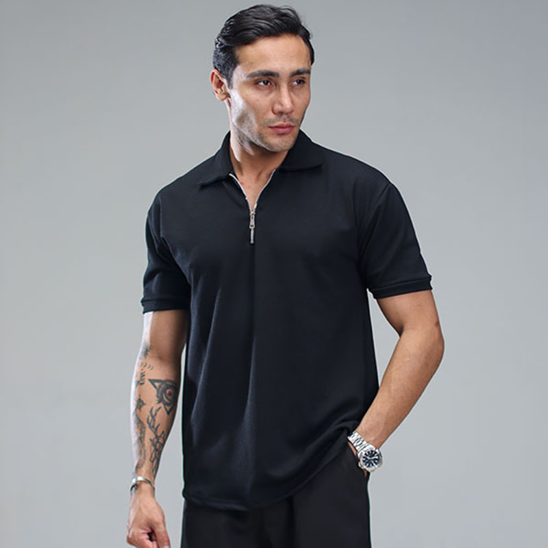 تیشرت مردانه یقه زیپ دار مشکی مدل Arban