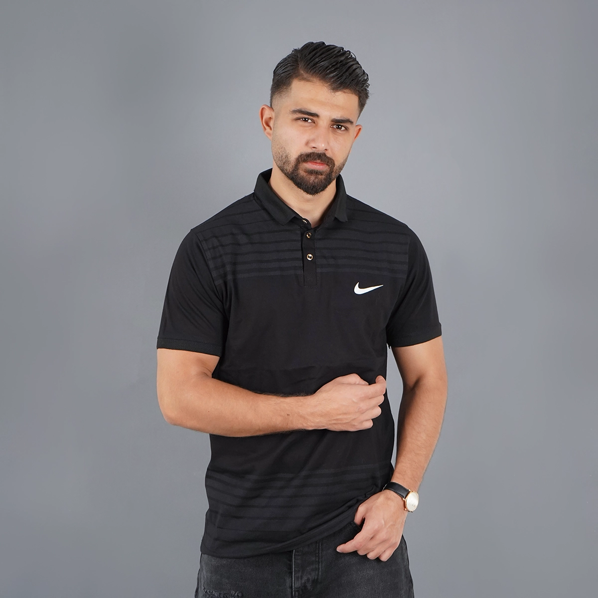 تیشرت یقه دار راه راه مشکی مدل Farhan