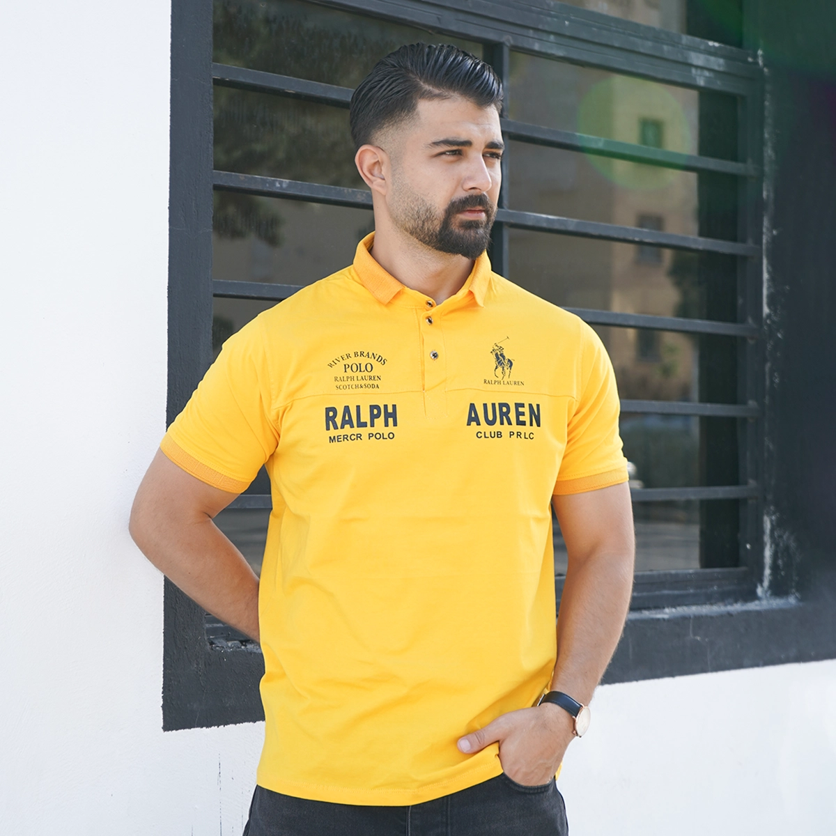 تیشرت یقه دار زرد مردانه مدل Ralph