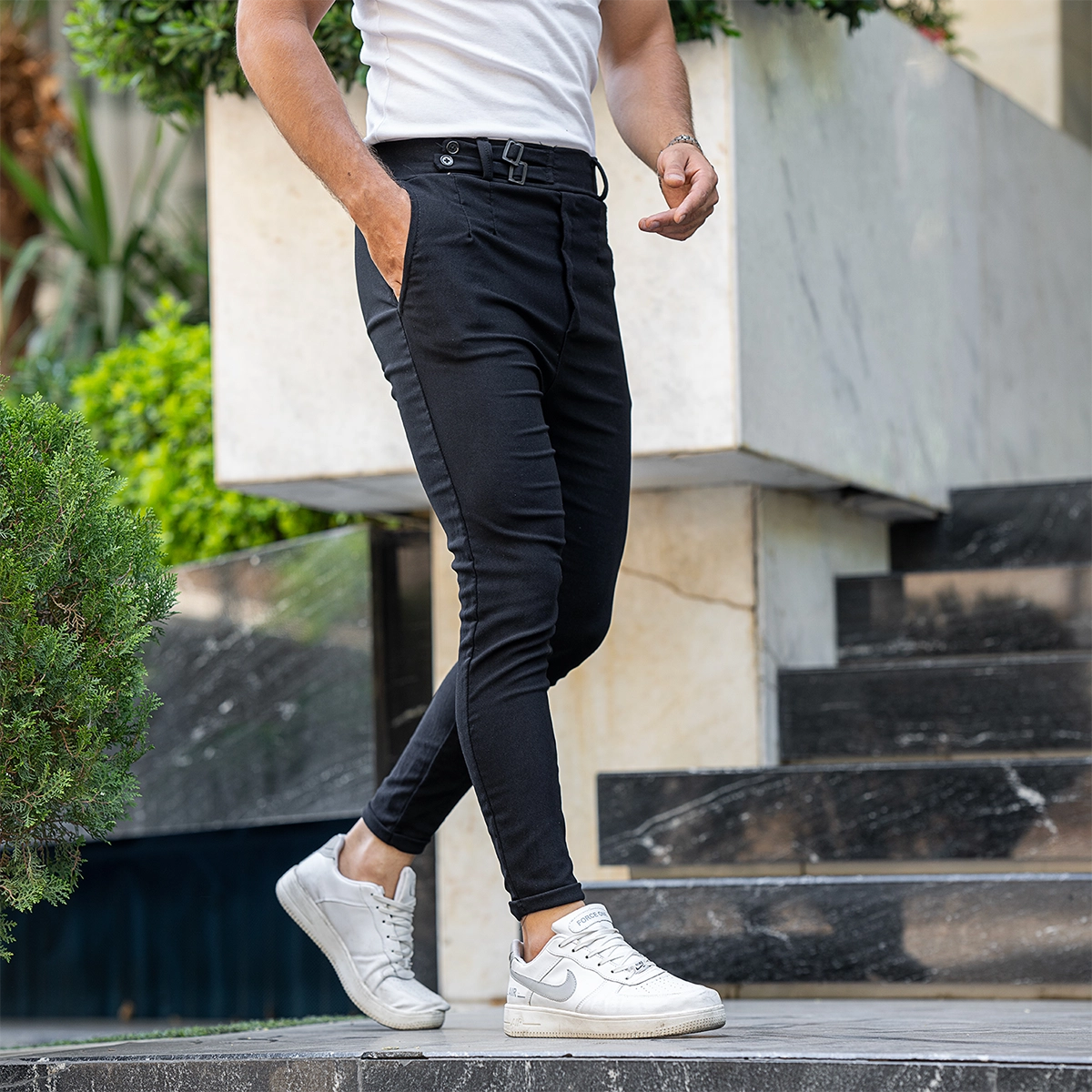 شلوار مردانه مشکی دو دکمه دو سگک مدل kyanosh