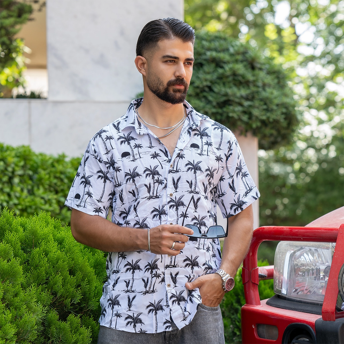 پیراهن هاوایی طرح نخل سفید مردانه مدل Lavin