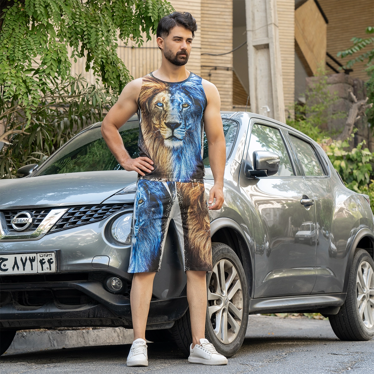 ست رکابی شلوارک مردانه طرح شیر دورنگ