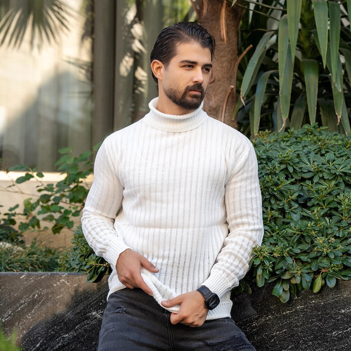 پلیور مردانه سفید طرح خطی مدل Arban