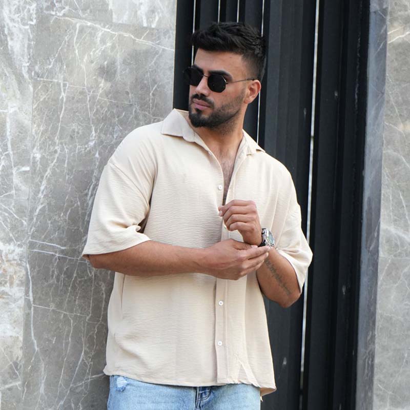 پیراهن آستین کوتاه کرم مردانه مدل باکسی